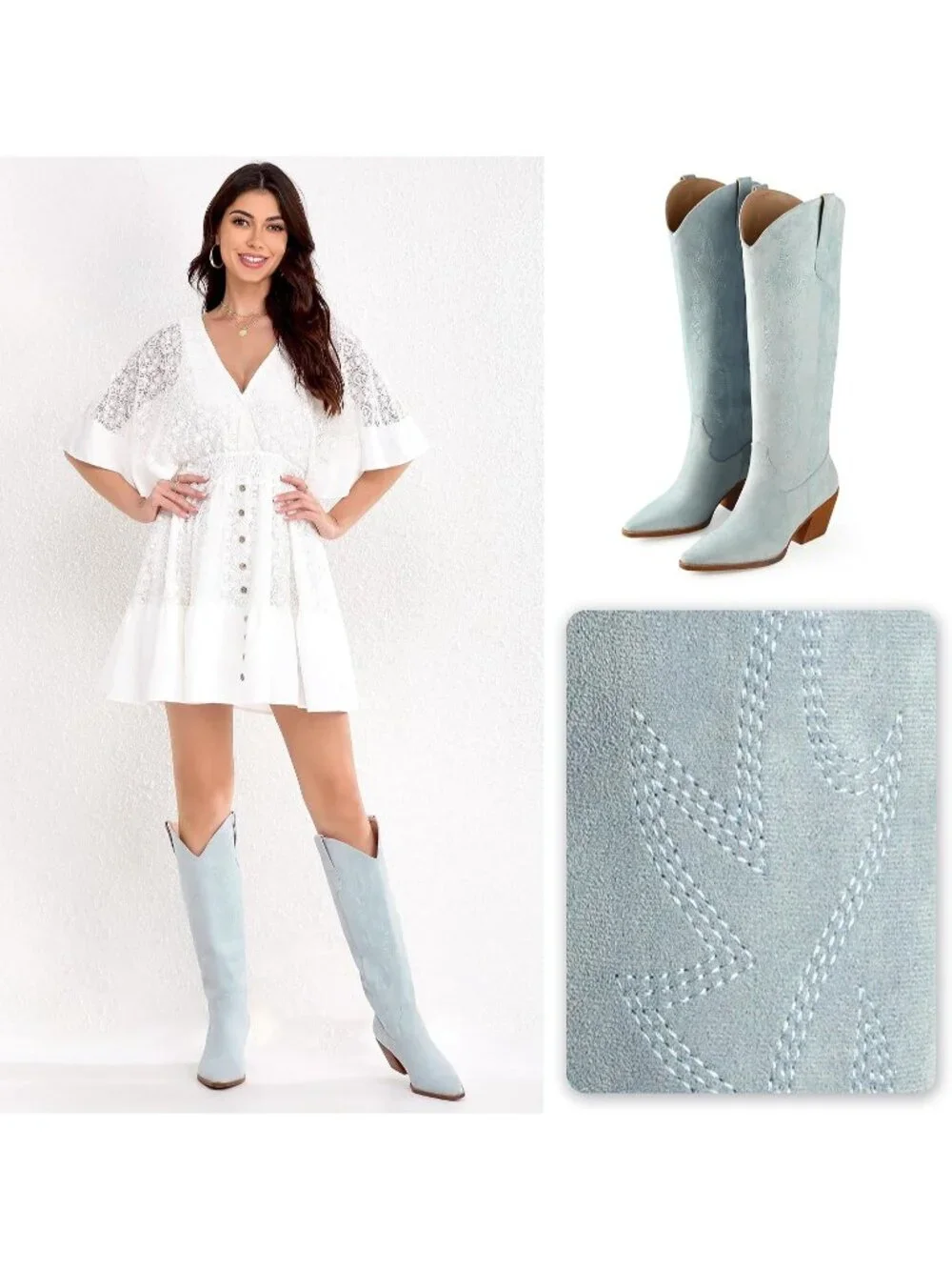 Women's Light Blue Pointed Toe Faux Leather Block Heel Heel Over The Knee Boots